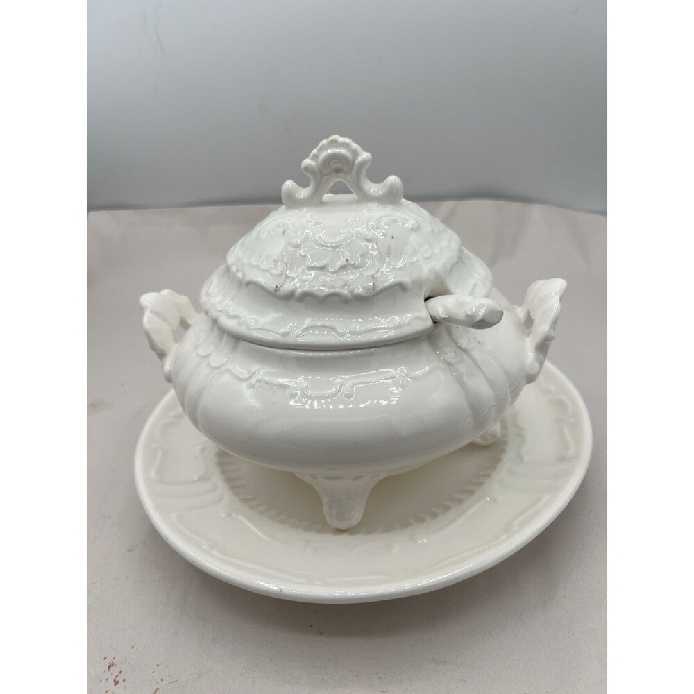 White Soup Tureen with Lid, Ladle, Stand Holiday 8”